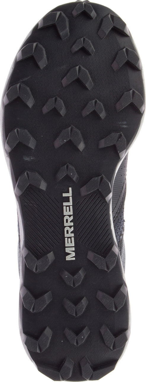 The outsole of a shoe features angled tread and the word MERRELL.