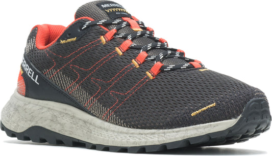 Charcoal trail running shoe with orange laces and accents.