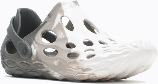 Grey and white clog with cutout design and heel strap.