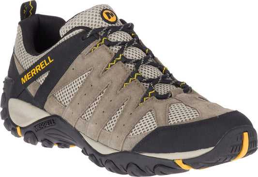 Low-cut hiking shoe with a beige suede upper and black trim.