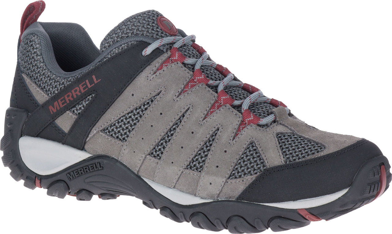 Low-profile hiking shoe with gray suede and mesh upper, black midsole and outsole, and Merrell logo on the side.