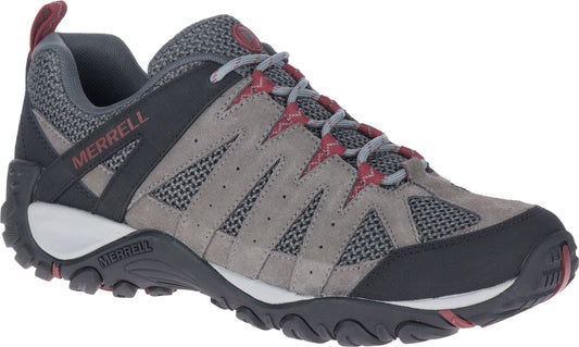 Low-profile hiking shoe with gray suede and mesh upper, black midsole and outsole, and Merrell logo on the side.