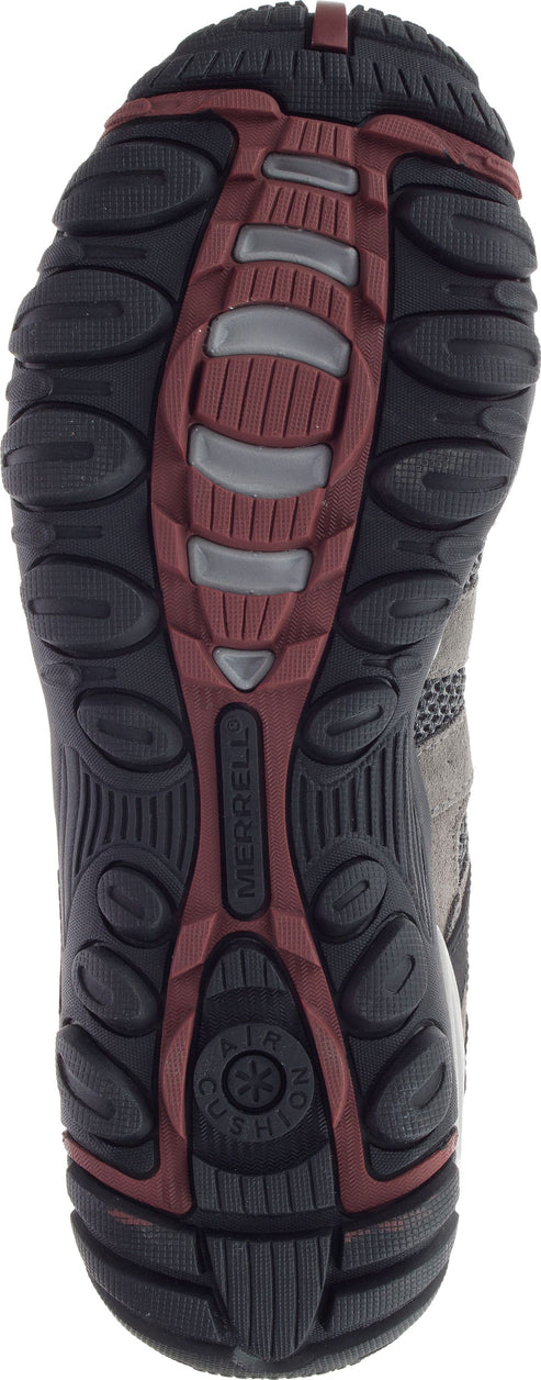 Bottom view of a shoe showing a textured black and red sole with a MERRELL logo.