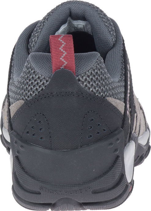 Close-up back of a gray and black athletic shoe with a red loop.