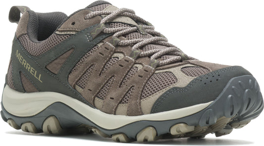 A low-cut athletic shoe with gray mesh and brown suede-like material, featuring a rounded toe and lace-up closure.