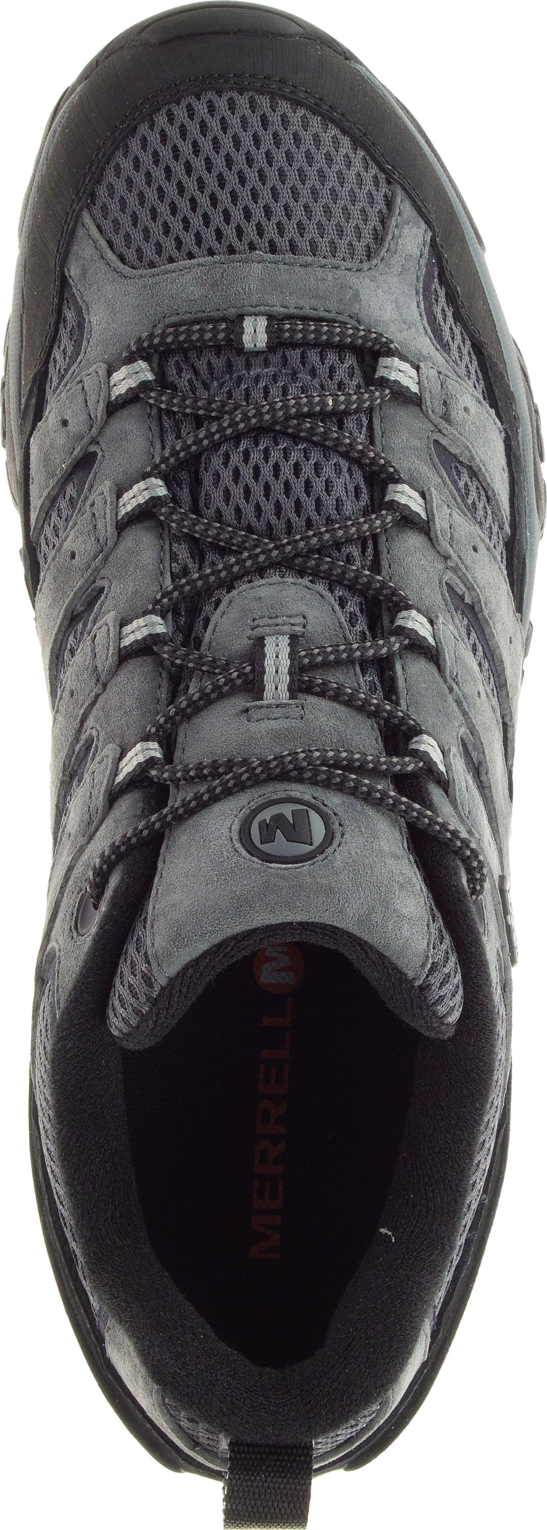 Overhead view of gray shoe with black laces.
