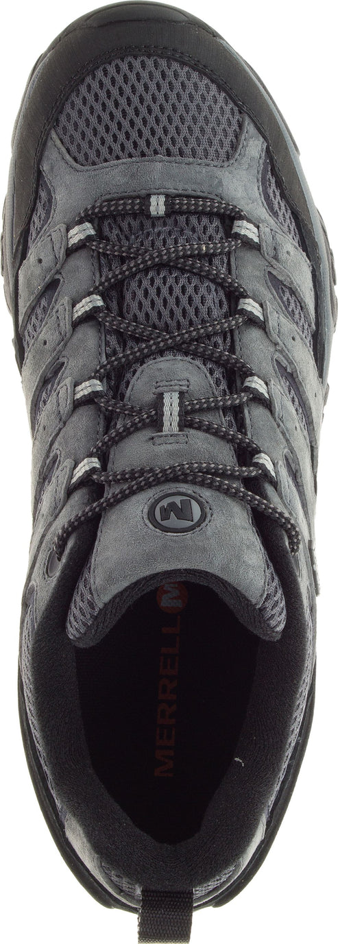 Overhead view of gray shoe with black laces.