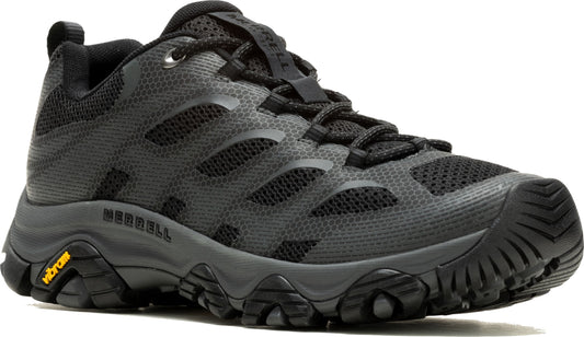 Black low-rise hiking shoe with mesh upper and Vibram sole.