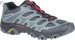 Gray hiking shoe with red laces and MERRELL text on the side.