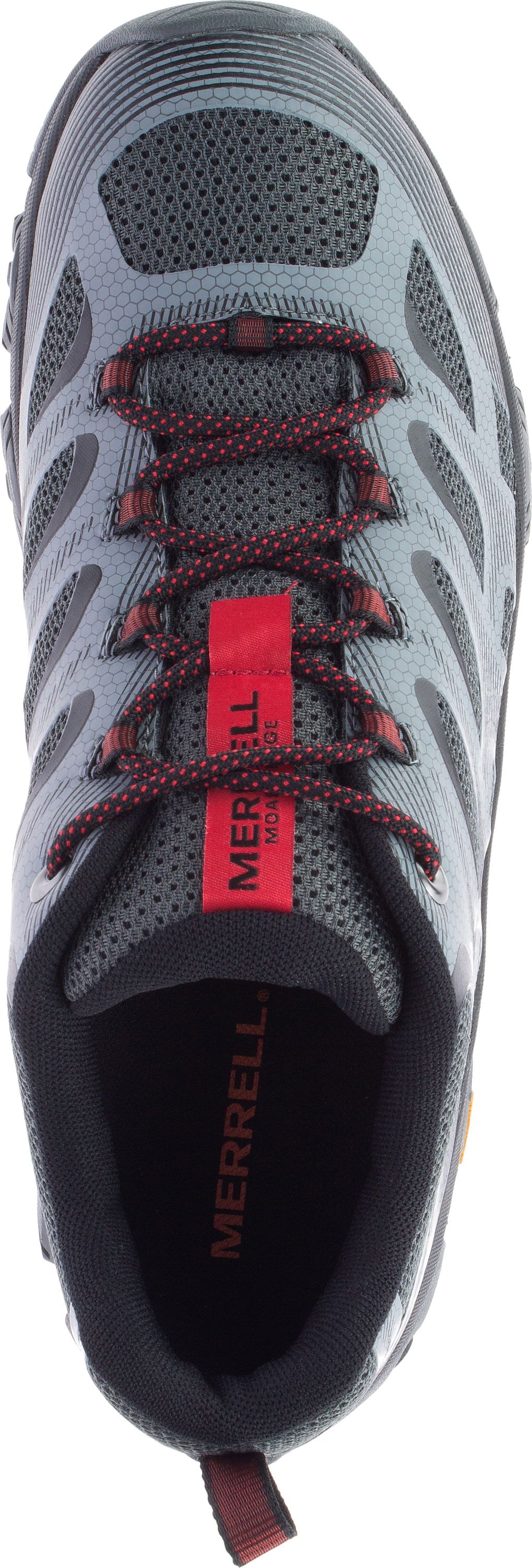 top down view of a grey shoe with red accents