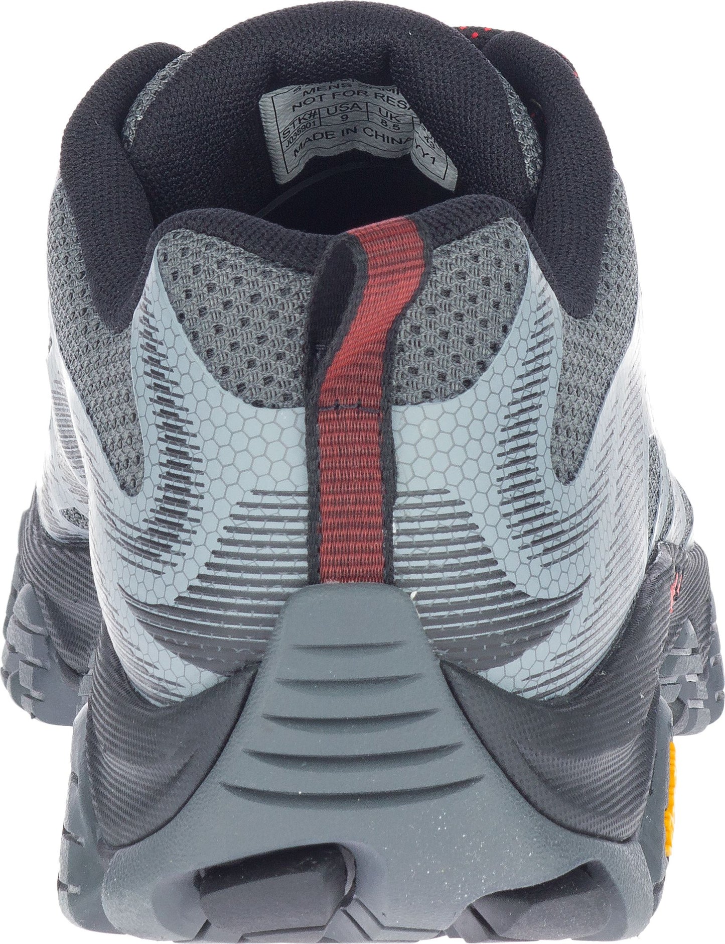 Back view of a gray trail running shoe with black collar and a red heel pull loop.