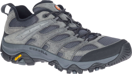 Low-cut gray hiking shoe with black sole, black laces, and orange circle logo.