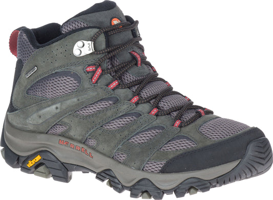 Gray hiking boot with black laces and red accents.