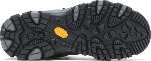 A black boot sole with orange Vibram emblem, featuring gray textured edges.