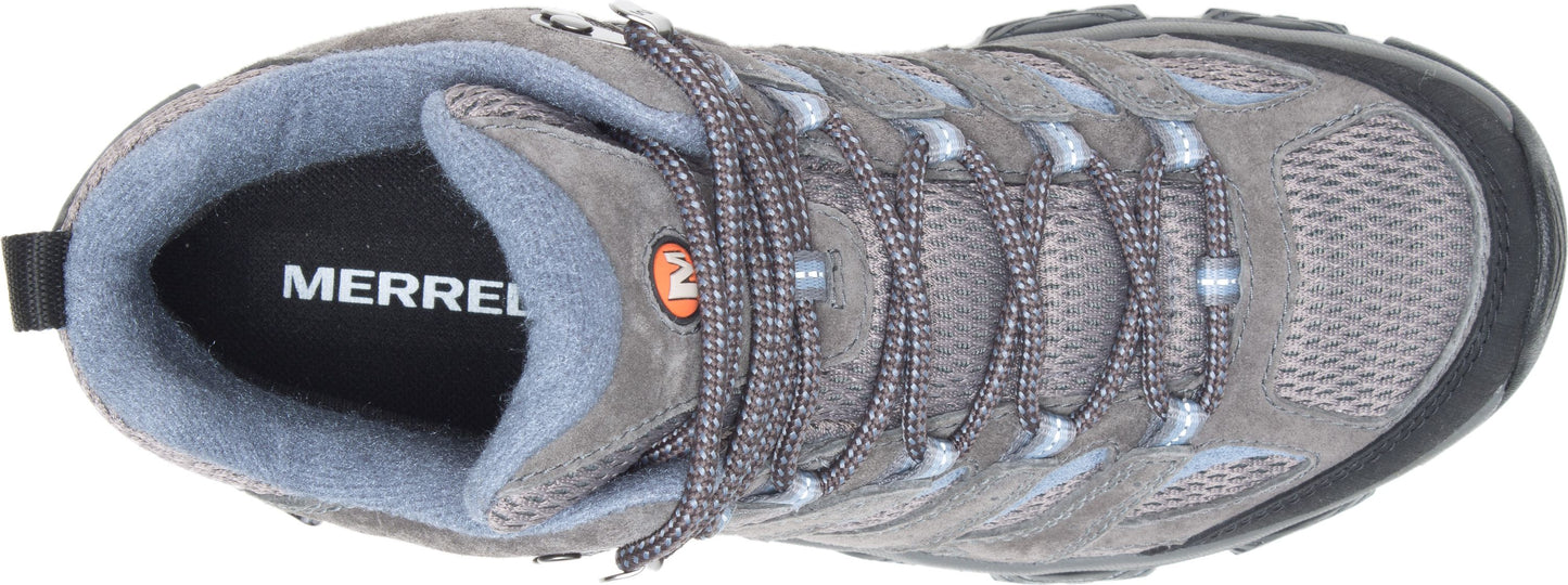 Grey hiking shoe with grey laces, grey mesh and suede upper, with Merrell logo on side.