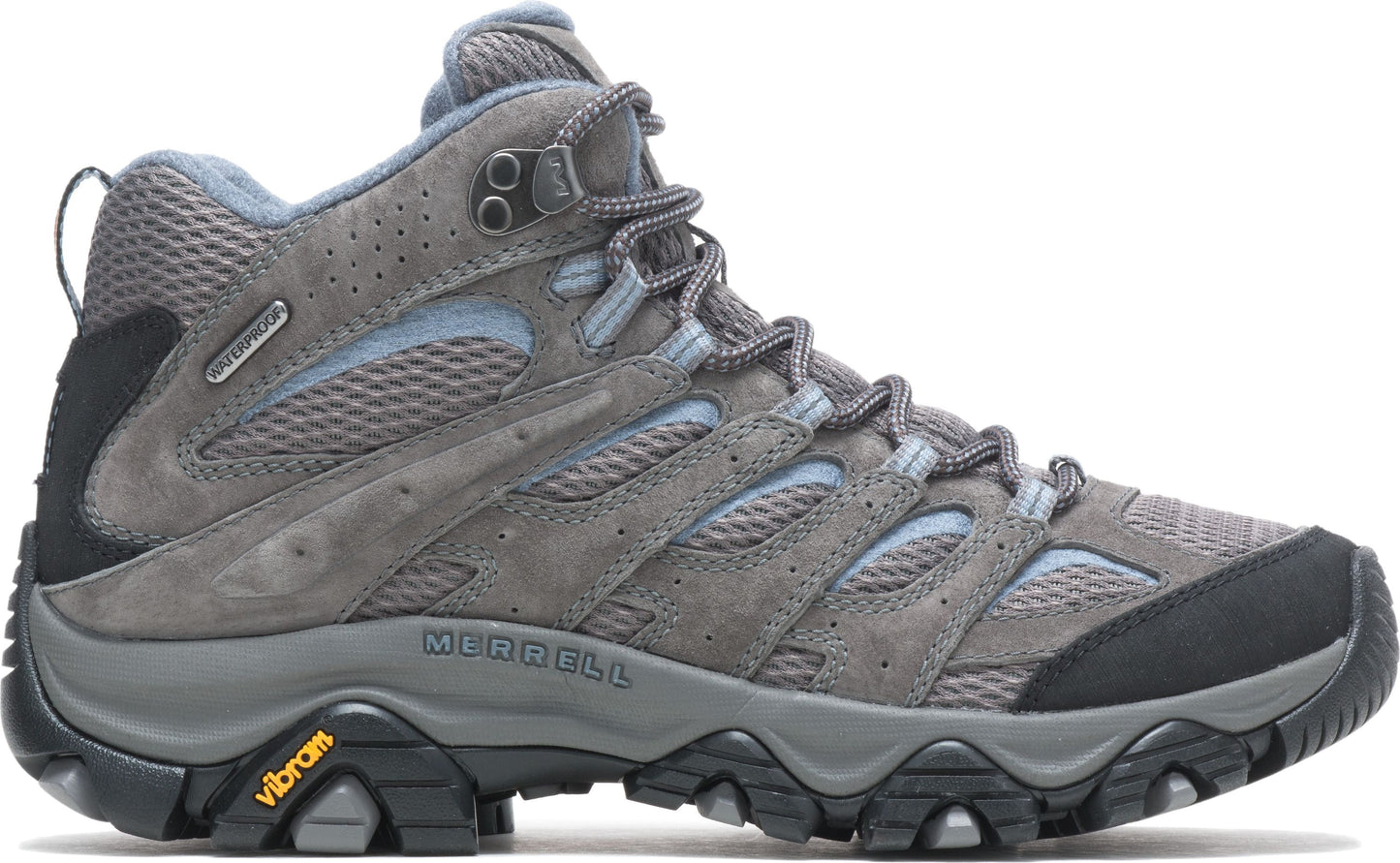 A gray hiking boot with mesh and suede details, visible lacing system, and a Vibram sole.
