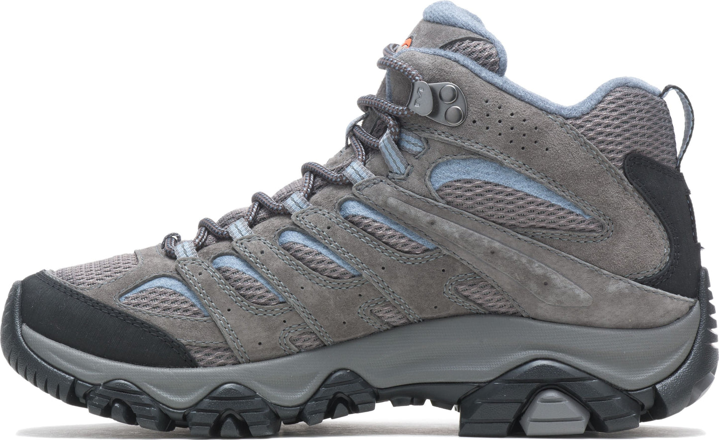 Grey hiking boot with a suede upper, mesh panels, a padded collar, and a lugged rubber outsole.
