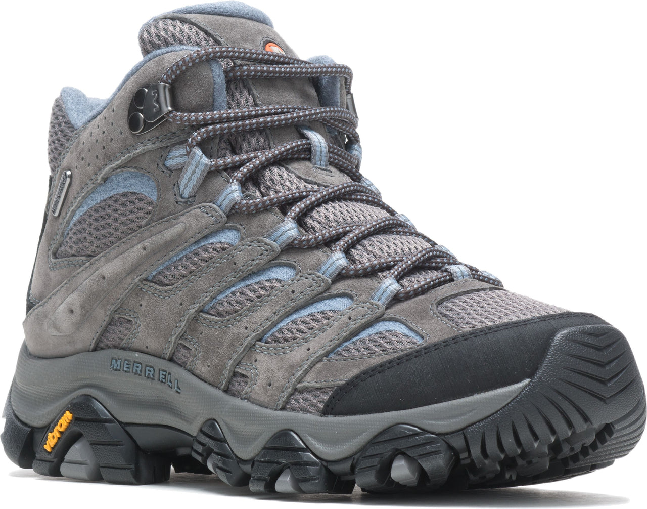 Gray hiking boot with black rubber sole and laces.