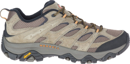 A hiking shoe in shades of brown with black accents and a rugged sole.