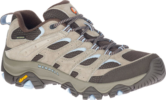 A low-top hiking shoe with brown mesh and tan suede upper, accented with light blue, and a lugged outsole.