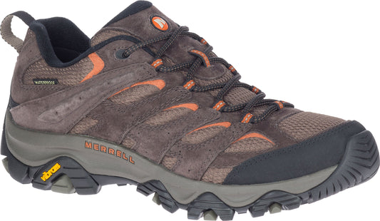 Brown waterproof low-cut hiking shoe with orange accents and lug sole.