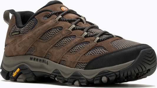 Brown waterproof hiking shoe with black accents, a mesh upper, and a vibram sole.