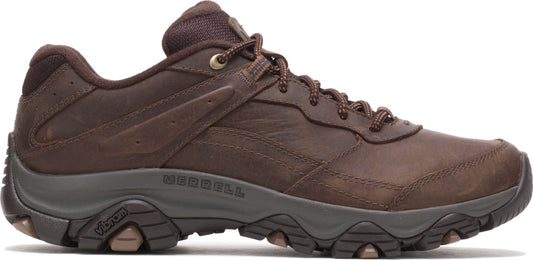 A brown leather hiking shoe with laces.