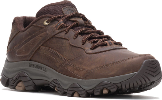 Brown leather hiking shoe with treaded sole and laced closure.