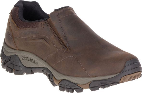 Brown leather slip-on shoe with black sole and visible Vibram tread.