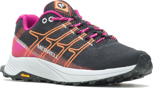A low-profile black trail shoe with a white sole, orange stripes, and pink laces and lining. "MERRELL" is printed on the side.