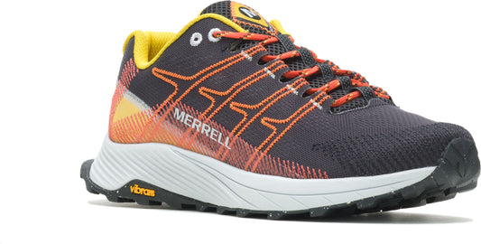 Athletic shoe, gray knit upper, orange laces and logo, yellow lining, white midsole, black outer sole.