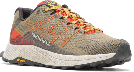 Khaki-colored running shoe with orange accents, featuring 'MERRELL' logo.