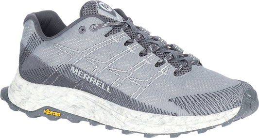 Gray athletic shoe with a speckled white sole, 'MERRELL' on side, and dark gray accents.