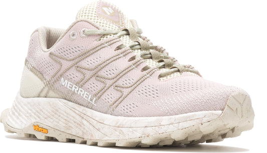 A beige running shoe with the word MERRELL written on the side.