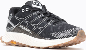 A black running shoe with white accents, low heel, white sole, and tan tread.