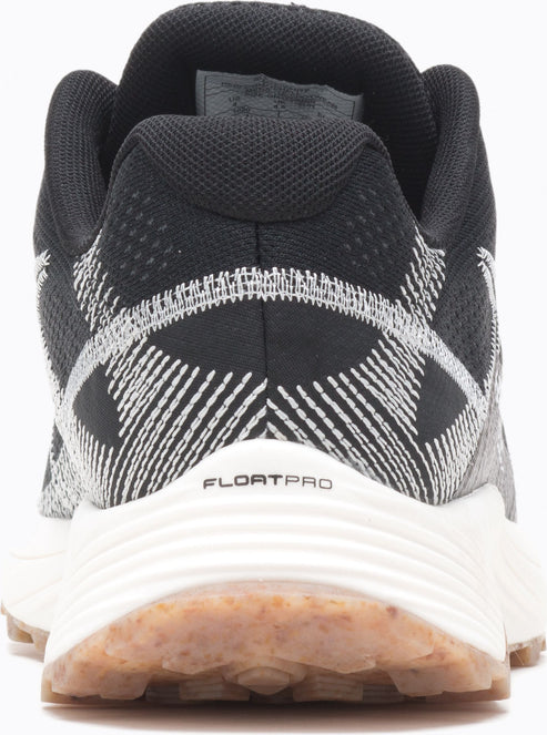 The back of a black athletic shoe with a cream-colored midsole and a gum-colored outsole. The heel area has a white patterned design and the word "FLOATPRO" printed on it.