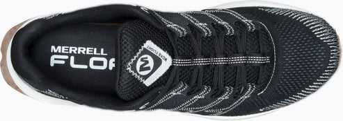 A top-down view of a black sneaker with white laces and white text that reads "MERRELL FLOAT."