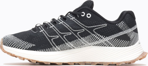 A black running shoe with white laces and a white sole.