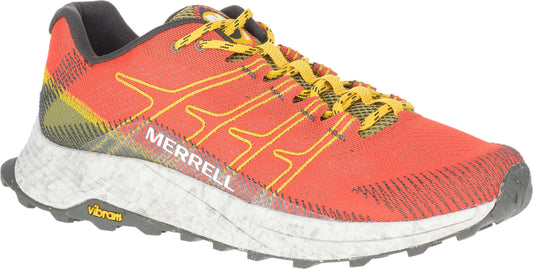 Orange running shoe with yellow laces and a white sole displaying "MERRELL".