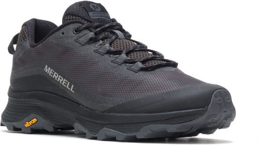 Black athletic shoe with "MERRELL" printed on the side, black laces and a chunky sole.