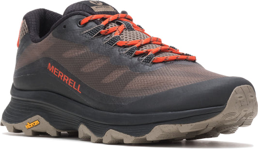 Low-cut trail running shoe, brown and black with orange laces and "MERRELL" on the side.