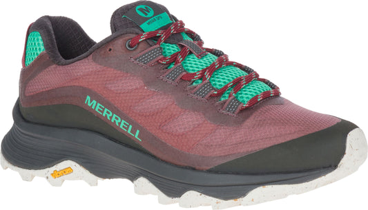 Burgundy trail running shoe with green accents, dark gray sole, and red and white laces.
