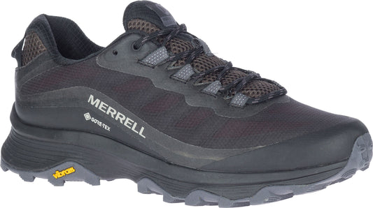 Black hiking shoe with laces, mesh and Gore-Tex material, and a Vibram sole. 'MERRELL' is visible on the side.
