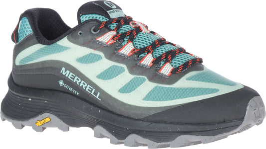 Teal, low-top athletic shoe with a black sole and orange-accented laces. The shoe features a GORE-TEX label and the word MERRELL.