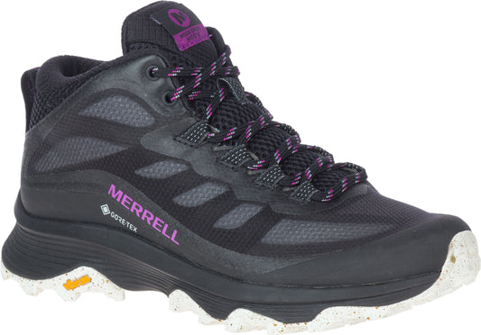 A low-cut black hiking boot with purple accents, Gore-Tex, and speckled white soles.