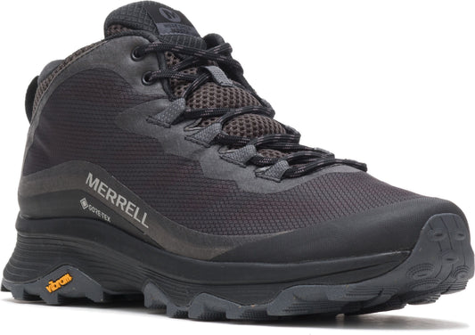 Black hiking boot with mesh and synthetic upper, GORE-TEX branding and a Vibram sole.