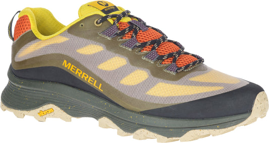 Low top trail shoe with a grey and gold upper and black midsole. Laces are round, two-toned, and woven with orange mesh near the tongue. The word MERRELL is in yellow on the shoe's side.