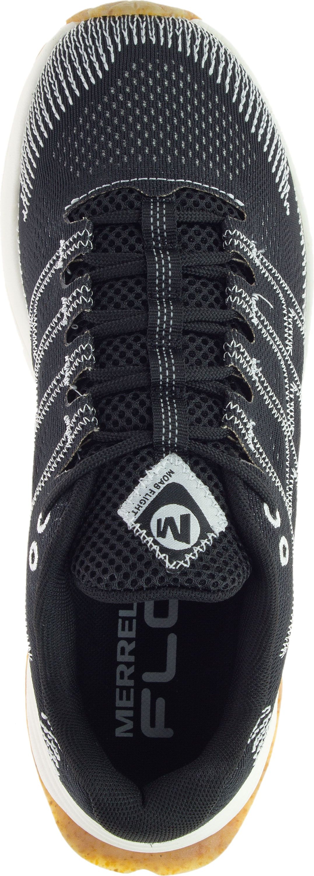 Top-down view of a black running shoe, featuring a breathable mesh upper with white accents and visible FLOA text inside.