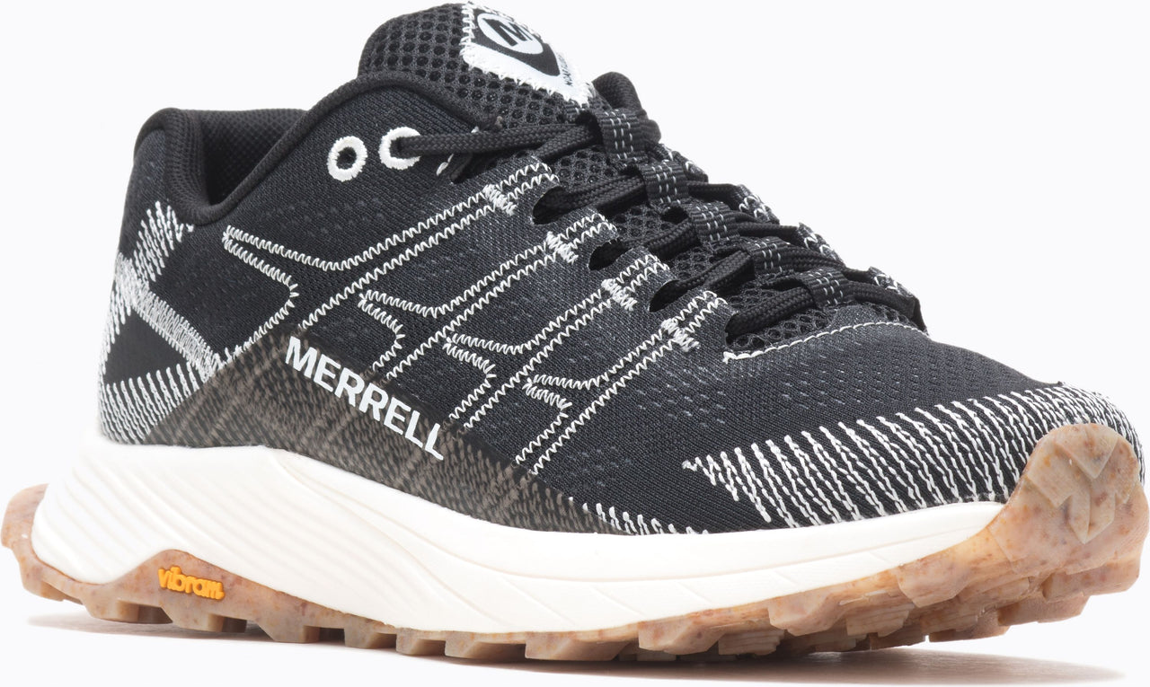 Black running shoe with white accents, visible "MERRELL" text, white midsole, and brown outsole.
