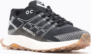 Black running shoe with white accents, visible "MERRELL" text, white midsole, and brown outsole.